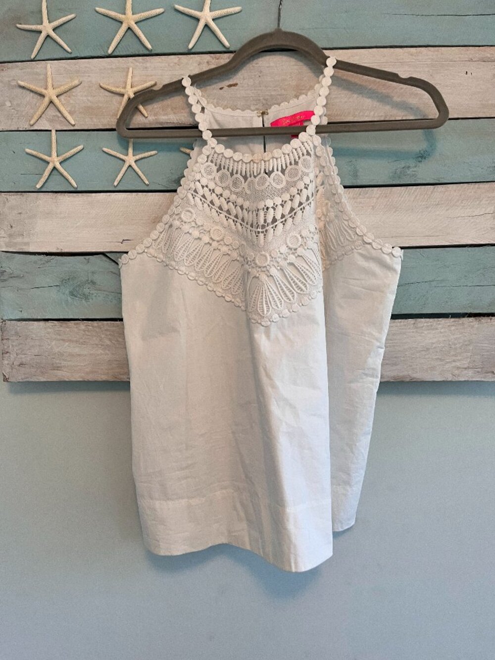 Lilly Pulitzer white halter top with crocheted embellishments, size 8